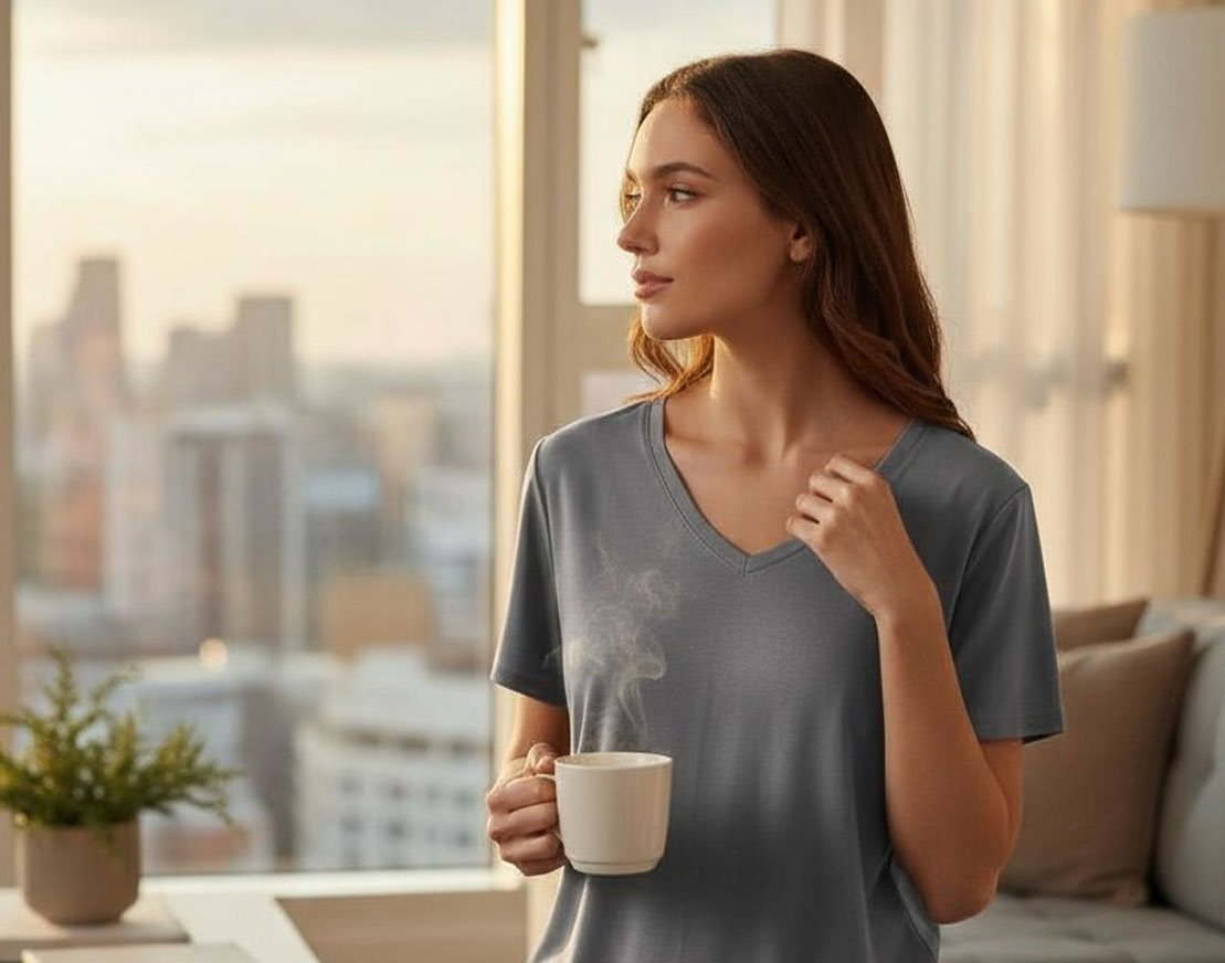 Gri&nbsp;Örme Kısa Kol V Yaka T-Shirt