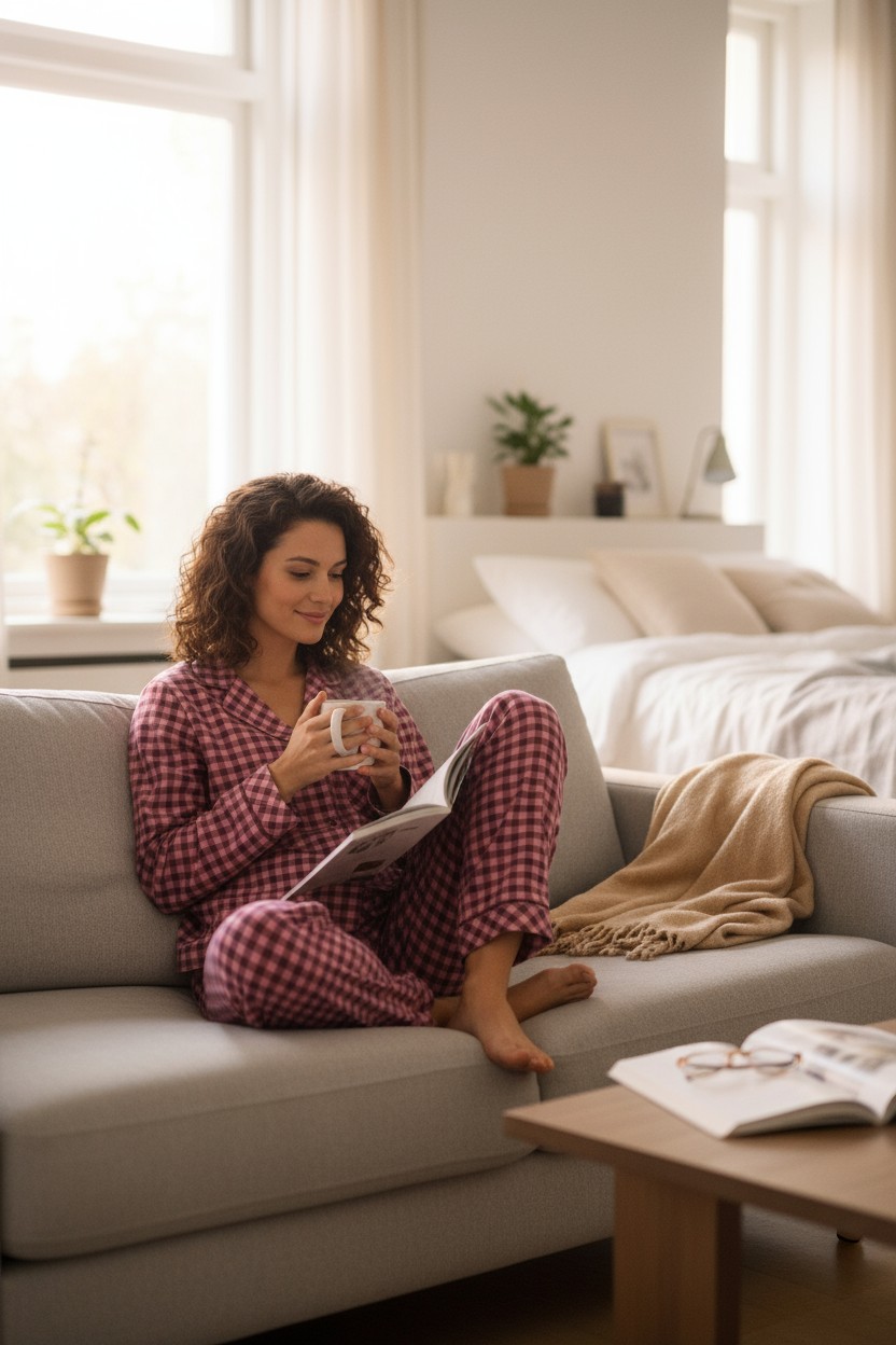 Pembe Ekoseli Gömlek Yaka Pijama Takımı