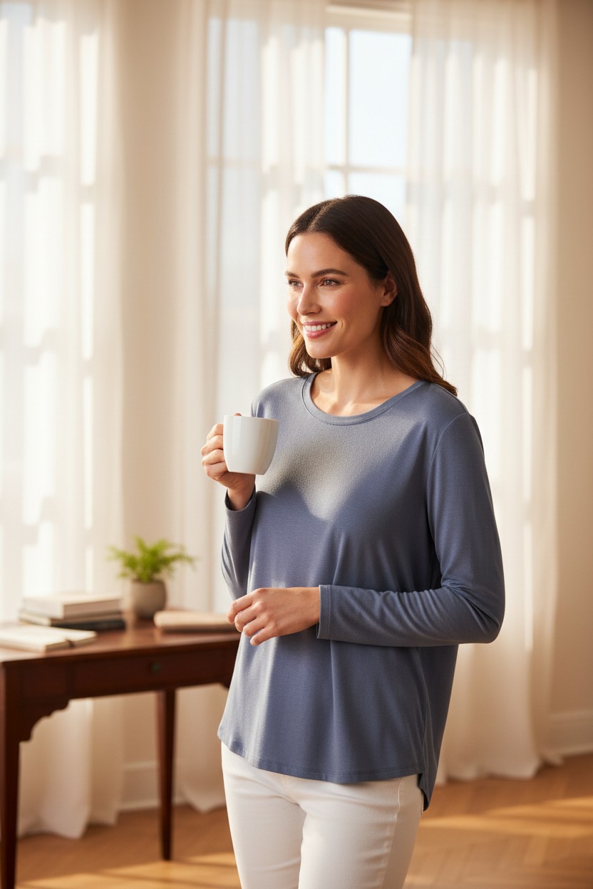 Gri Örme Uzun Kol Yuvarlak Yaka T-Shirt