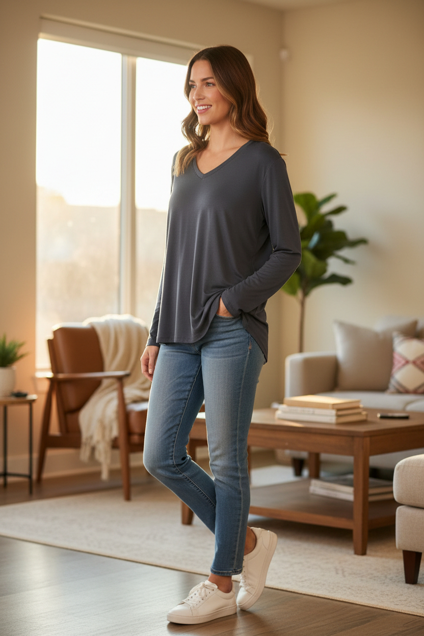 Gri Örme Uzun Kol V Yaka T-Shirt