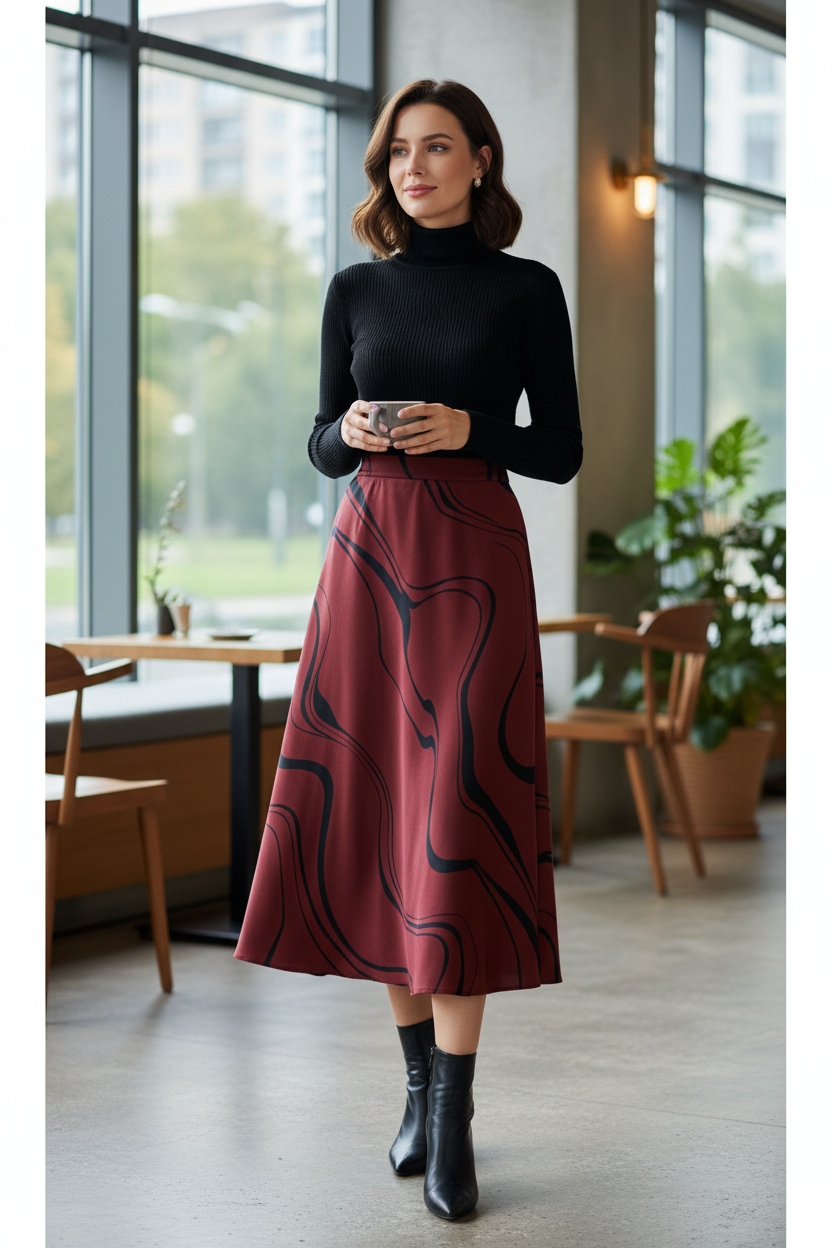 Bordo Baskılı Soyut Desenli Midi Etek